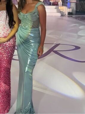 Beaded Aqua Mermaid Prom Dress with Draped Satin Skirt